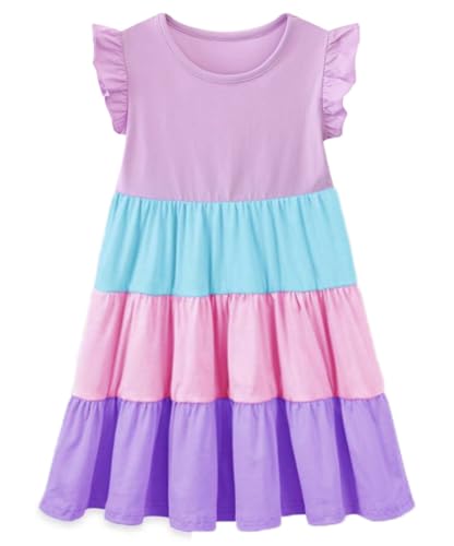 Image of HILEELANG Girls Cotton Tiered Dress Flutter Ruffle Sleeve Summer Swing Sundress Birthday Party Casual Outfit Colorblock 2-12Y