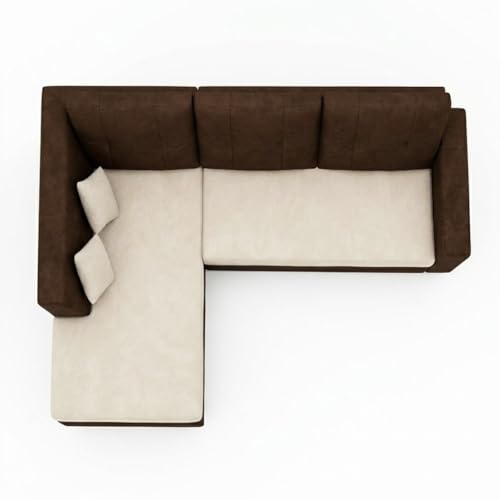 Image of FURNY Nathan 4 Seater L Shape Sofa Set LHS (Dark Brown-Cream) | Suede Velvet Finish | Durable Comfort Sofa for Modern Living Room & Office Spaces