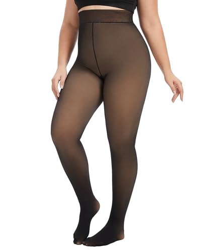 CaiDieNu Plus Size Fleece Lined Tights Women: Fake Translucent Warm Thick Thermal Legging High Waisted Winter Sheer Pantyhose 3XL-4XL