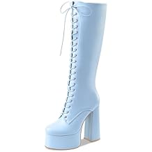 Womens High Chunky Heel Platform Knee High Boots Fashion Leather Lace Up Heeled Long Boots Wide Calf