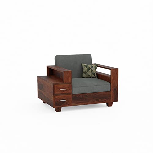 Image of Solid Sheesham Wood Sofa Set 1 Seater Sofa Sets for Living Room, One Seater Sofa Set with Attached End Table, 2 Drawer Storage, Honey Finish