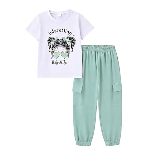 Image of Ayzozuy Kid Girl Clothes Outfits Figure Letter Graphic Tee Top + Flap Pocket Pants 2PC Clothing Set