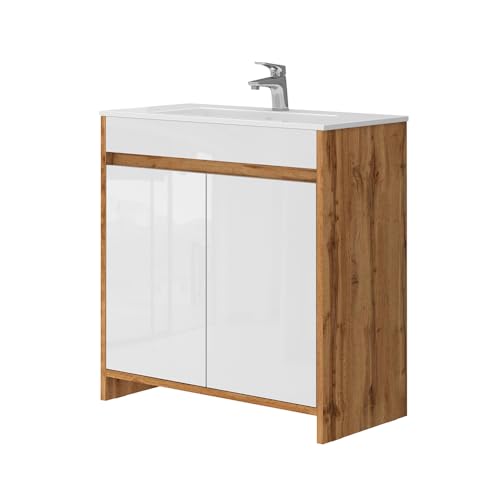 Vicco Meuble sous-lavabo Lemgo, Chêne de Force doré, 79.8 cm, composé d’Un Meuble sous-lavabo et d’Un lavabo