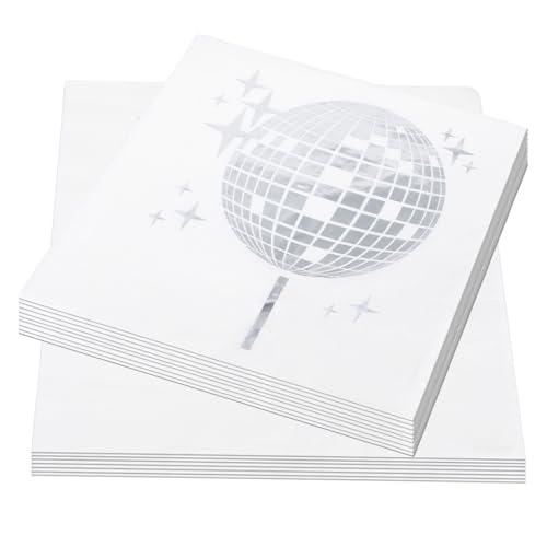 Lot de 40 serviettes décoratives pour fête disco - 33 × 33 cm - Blanches - Avec boule disco - Décoration de table disco des années 70, 80, 90 - Serviettes...