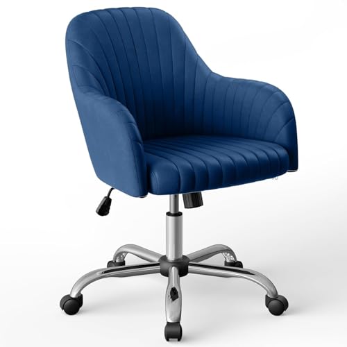 Image of Velvet Desk Chair for Home Office, Adjustable Swivel Task Chair Modern Computer Vanity Chairs with Arm Rest for Bedroom Living Room Make-up Room (Blue Dark)