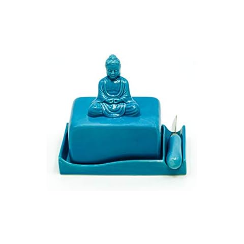 Buddha Ceramic Butter Dish Tray with Lid and Knife by Trademark Innovations (Blue) Cover