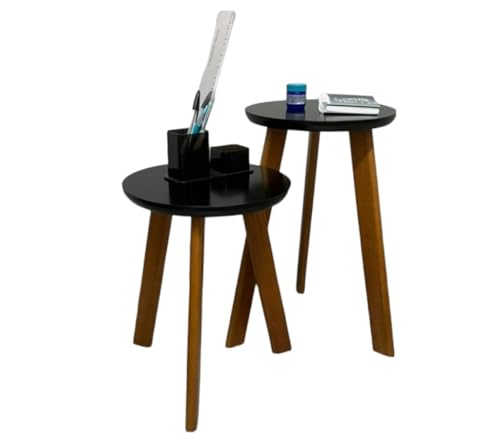 Conjunto 2 Mesinhas Redonda Lateral Apoio Retrô Tripé Palito Madeira Tampo 30 cm Preto