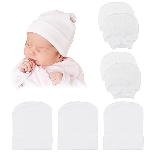 Image of DRESHOW BQUBO Newborn Hospital Hat and Mittens Infant Baby Beanie Soft Cotton Cute Knot Nursery Cap for 0-3 Months Girls Boys