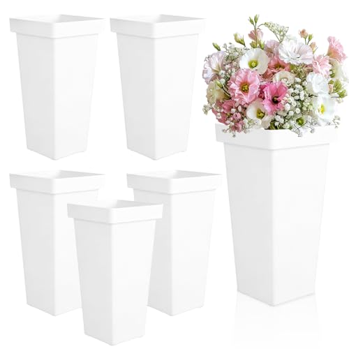 MIVIDE 6 Pack White Flower Buckets for Cut Flowers 13.3 inch Plastic Floral Buckets Flower Vases Modern Square Vase for Centerpieces Home Office Wedding Decorations Display