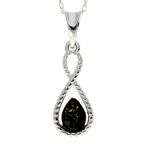Pendentif infini en ambre verte de la Baltique et argent sterling massif de luxe sans chaîne