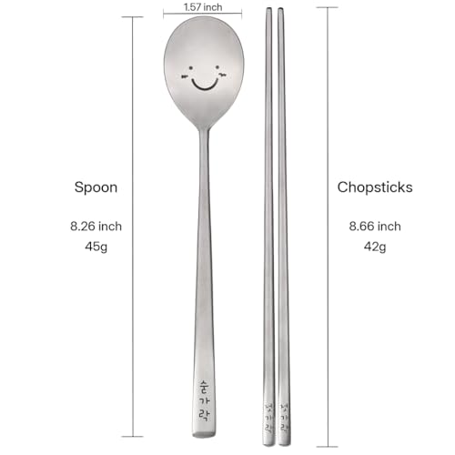 BAPMOO Korean Chopsticks and Spoon Set Combinations Reusable Long Handle Metal Stainless Steel Good for Gift Happy Face & Hangul Characters Engraved Silver