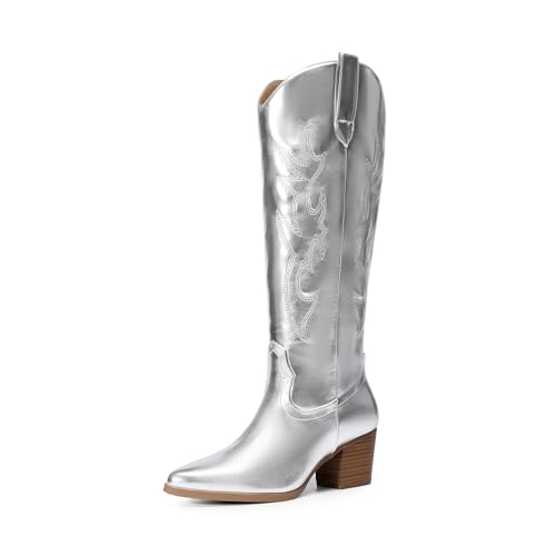 DREAM PAIRS Cowboy Boots for Women Cowgirl Knee High Boots Comfortable Pull On Zipper Chunky Heel Pointed Toe Embroidered Western Boots 8 Silver-metal