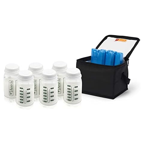 Ameda MYA Cool N Carry Breast Milk Storage System | Includes Insulated Nylon Carry Bag, 3 Freezer Packs, 6 4oz. Bottles with 2-Piece Lock-Tight Caps Cover