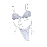 Women's 2Pcs Summer Bathing Suit Floral Print Spaghetti Strap Bikini Tops+ Bikini Panties Halter Triangle Tie Side Sexy Bikini Sets (White, Small)