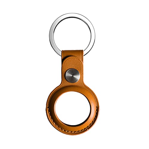 エアタグ用レザー保護ケース、レイヤースキン キーチェーン付きポータブル保護カバー エアタグ用完全保護レザーアクセサリー-ブラウン