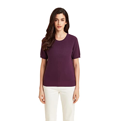 Greenmount Women's Cashmere Merino Wool Crew Neck Jacquard T-Shirt Pullover Short Sleeve Tee Purple #TOP7