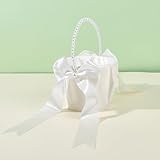 craspire Hochzeitsblumenmädchenkorb Weißer Satin Schleifen Blumenkorb Mit Perlengriff Klein Für Brautbankette Schmuckkollektion Blumenkurse Ländliche Pflückzeremonienszenen