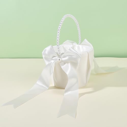 craspire - craspire Hochzeitsblumenmädchenkorb Weißer Satin Schleifen Blumenkorb Mit Perlengriff Klein Für Brautbankette Schmuckkollektion Blumenkurse Ländliche Pflückzeremonienszenen