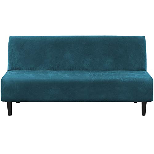 H.VERSAILTEX Real Velvet Futon Cover Armless Sofa Covers Sofa Bed Covers Stretch Futon Couch Cover Sofa Slipcover Furniture Protector Thick Soft Velvet Fabric Form Fitted Stay in Place, Deep Teal