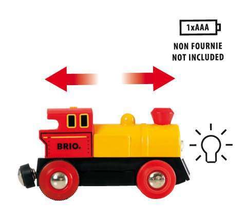 BRIO World - 33594 - Locomotive à pile Bidirectionnelle Jaune - Train électrique avec fonction lumineuse - Pour circuit de train en bois - Jouet pour garcons et filles dès 3 ans
