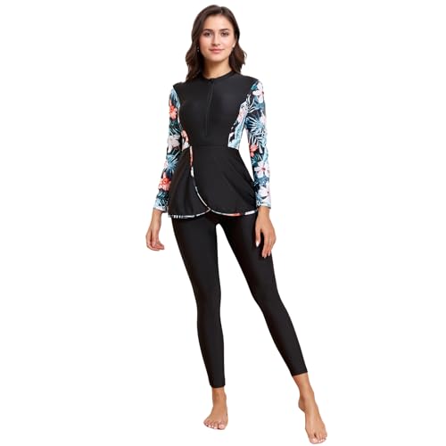 ALANX Burkini Swimsuits for Women Muslim Long Sleeve Built-in Bra Swimming Tops Swimming Pants Full Cover Swimwear (UAE/KSA Alpha XL Regular Regular Black)
