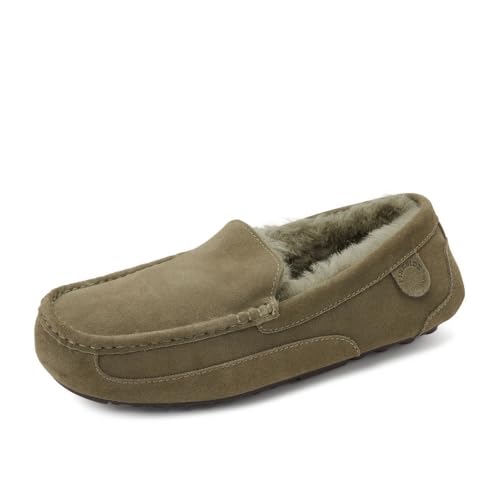 Image of Fireside By Dearfoams Men's Melbourne Genuine Shearling Moccasin Slippers, Memory Foam Sudede Loafers Slip-in House Shoes