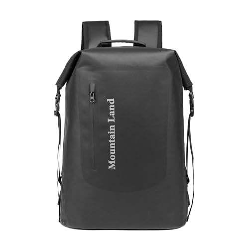 Image of Mountain Land Waterproof Backpack Made of Composite TPU, Roll-Top Closure Dry Bag with Front-Zippered Pocket Cushioned Padded Back Panel Black 30L