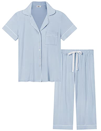 Joyaria Women Capri Pajamas Set Bamboo Viscose Pjs Short Sleeve Button Down Sleepwear