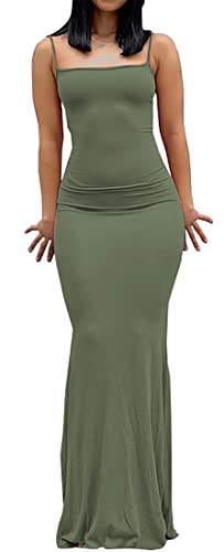 WINKEEY Sexy Maxi Robe Femme Robe Longue Moulante à Bretelles Robe d'été Slim Fit Casual Soirée Cocktail, Vert M
