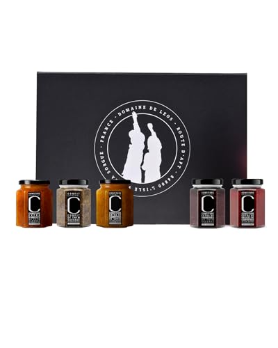 LEOS – Caja de regalo – 5 productos gourmand – Confitura de tomillo 328 g | Mermelada Extra Albaricoque 323g | Mermelada Extra Frambuesa 328g | Mermelada Extra Arándanos 323g | Mermelada Extra