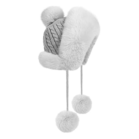 Winter Hats for Women Faux Fur Beanie Hat with Pom Fuzzy Trapper Hat Ears Warm Kint Cap Lined Cute Snow Hat, gray, One Size Fits All Cover