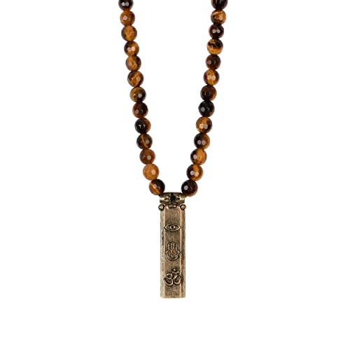 KARMA AND LUCK, Fearless Spirit, Men’s Protection Necklace, Tiger’s Eye Onyx Gemstones & Bronze Pendant with Hamsa, Evil Eye, & Om, Adjustable 24-28” Length