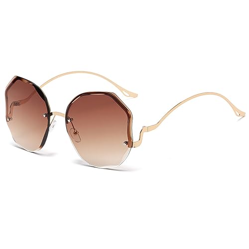 Oversized Rimless Sunglasses, Hexagonal Brown Gradient Lenses, Gold Metal Frame