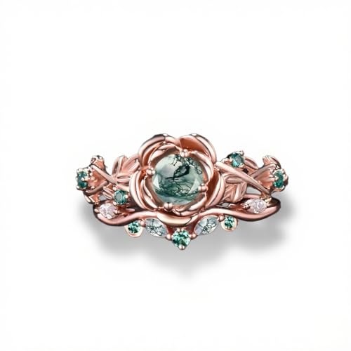 Natural Moss Agate Ring for Women 925 Sterling Silver 10K 14K 18K Rose Gold Moss Agate Engagement Ring Set Jewelry Gift for Her Customizable Bridal Wedding Ring Set Gift for Wife Ring Size 4-15