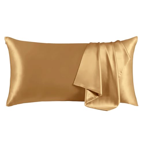 THXSILK 100% Mulberry Silk Pillowcase for Hair and Skin, Grade 6A+ Mulberry Silk Pillow Case, Hypoallergenic Pillow Case with Zipper, 1pc(California King Size 20"x40", Metallic Gold)