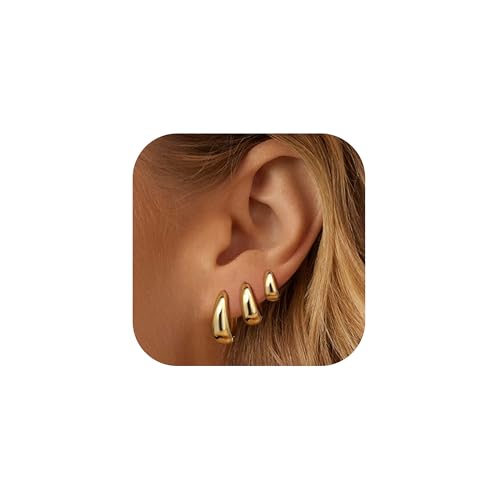 Gold Hoop Earrings for Women 14K Gold Plated Hoops Simple Gold Huggie Small Hoop Earrings Set Everyday Jewelry for Women (3Pairs Gold(10 14 17mm))