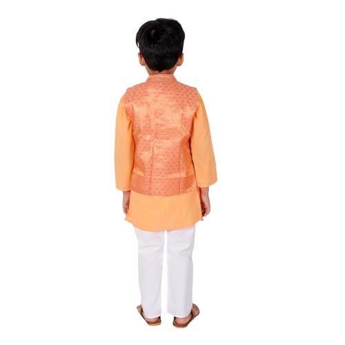 Image of Superminis Boy's Cottton Kurta Cotton Brocade Printed With Golden Thread Work Nehru Jacket and Elastic Closure Pyjama Set