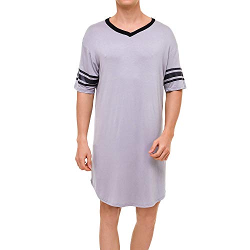 Lu's Chic Men's V Neck Nightgown Short Sleeve Nightshirt Soft Sleepshirt Striped Pajama Top Sleep Shirt Night Summer Gown Sleepwear Knee Length Grey Small #TOP6