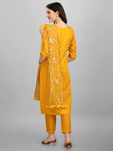 Image of VredeVogel Women Cotton Slub Straight Kurta Set With Pant and Net Embroidery Dupatta