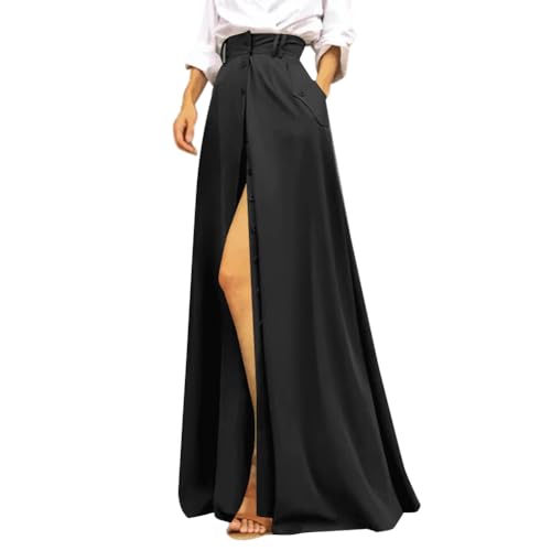 Rooscier Women's Split High Waist Flared A Line Button Down Vintage Pockets Maxi Skirt