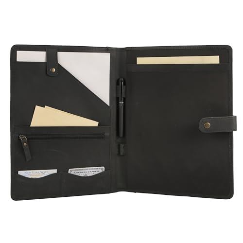 Image of KomalC Leather Portfolio Folder with Button Closure | Business Padfolio for Professionals | Vintage Organizer with Legal Pad Holder, Card Slots & Document Pockets (Black)