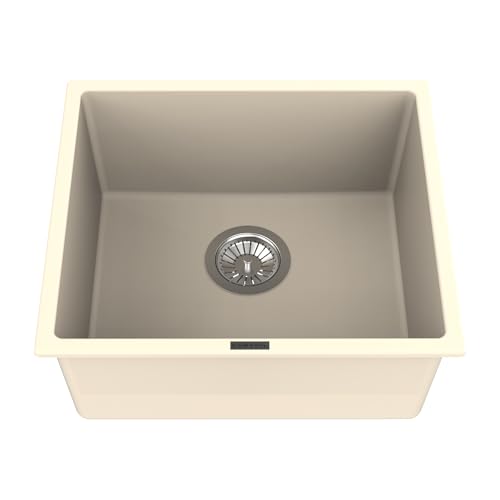 Image of Carysil MAGIC SALSA PRO Quartz Kitchen Sink 18 x 16 x 8 inches, Single Bowl, 80% Quartz & 20% Resin, Heat Resistant 300C, 50kg Load, Scratch & Stain Resistant, Granite Sink, SS Coupling - Champagne
