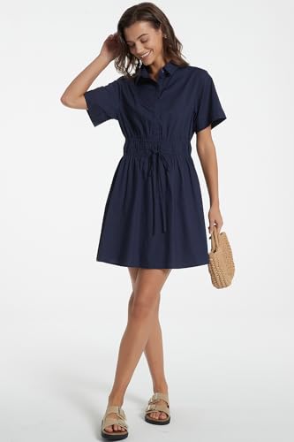 Image of D-Sun Women Casual Button Down Shirt Dress V-Neck Short Sleeve Tie Waist Mini Shirt A-Line Flowy Elegant Short Party Dress