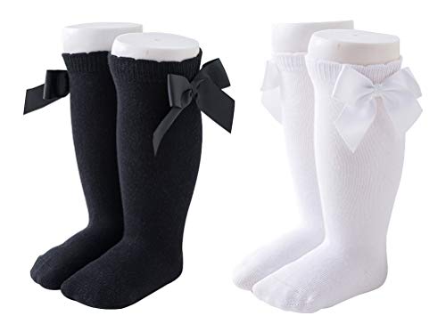 Maorrew 2 Pack Baby Girls Knee High Socks Bow Long Stockings Infants Toddlers Cotton Ruffled Uniform Leggings