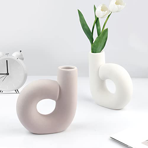 2 Jarrones Decorativos Modernos Blanco Beige Hechos a Mano de Cerámica Forma de Donut Jarron Decoración Minimalista del Hogar para Pampas para Centro de Mesa Sala de Estar