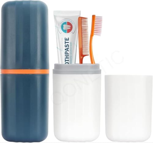 Image of QONETIC Plastic Travel Tooth Brush Holder for Bathroom Square Toothbrush Holder for Travel,Portable Toothbrush Case&Tooth Brush Cover Box Organizer for Traveling,Camping,& Business Trips (Blue+White)