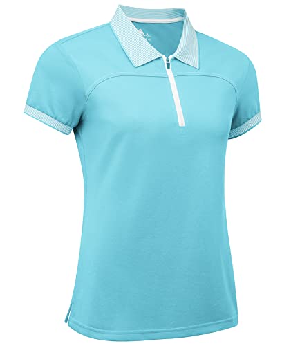 Women Golf Polo Shirts Zipper Moisture Wicking Stripe Collaed Short Sleeve Slim Fit Sport Active Tops Blue White #TOP1