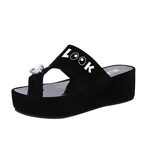 Deloito Sommer Damen Mädchen Sandalen mit Keilabsatz Hoher Absatz Plattform Muffin Flache Pantoletten Strass Buchstaben Flip-Flops (Schwarz,37 EU) Cover