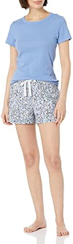 Amazon Essentials Women's Poplin Short and Sleep Tee Set, Blue, Floral, Large