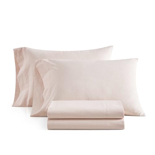 Image of Martha Stewart - Queen Size Sheets Set, Crisp & Tailored Cooling Sheets w /a Naturally Smooth Cotton Percale Lightweight Feel - Bed Sheets with Matching Pillowcases & Fitted Sheet (Small Gingham Pink)